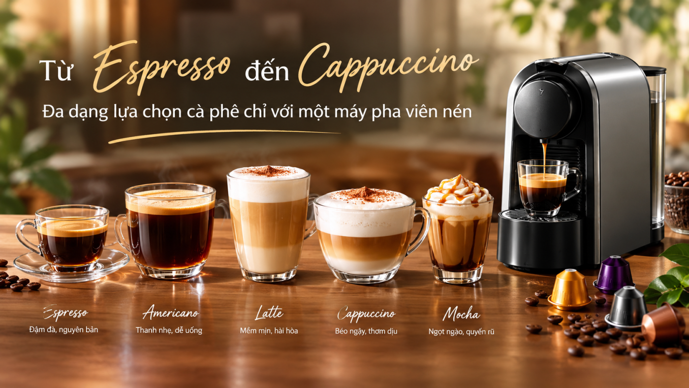 Từ Espresso đến Cappuccino – Đa dạng lựa chọn cà phê chỉ với một máy pha viên nén
